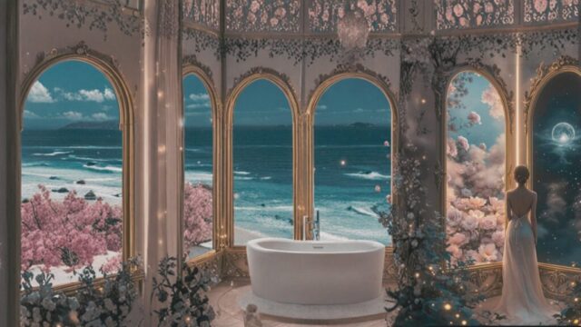 Saray, küvet, beyaz elbise, güzel kadın, sesli sohbet