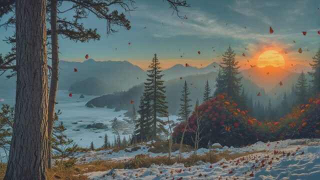 doğa,güneş,kelebek,çiçekler,kar,dağlar,günbatımı